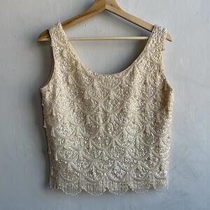 Silver House Womens Beaded Sequin Pearl Tank Top Ivory Vintage Wool Tassels M